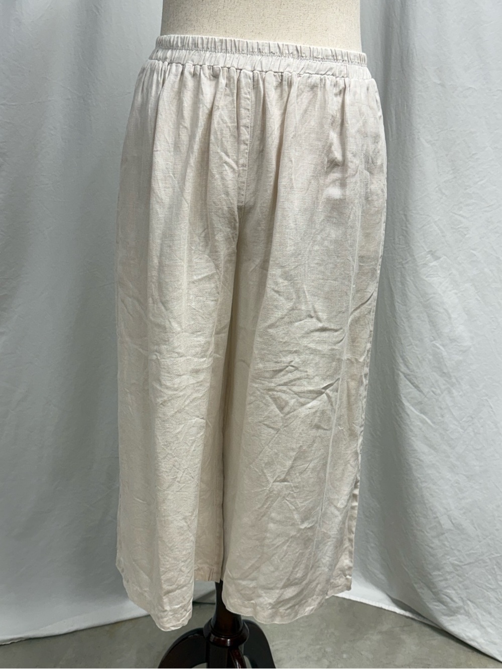 Women's Cream Wide-Leg Cropped Elastic-Waist Pants 100% Linen